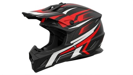 Black and red motocross helmet with white graphic accents isolated on white background