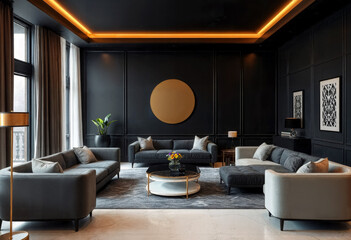 Luxury Dark Living Room with Modern Sofas and Warm Ambient Lighting