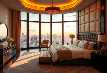 Luxury Bedroom with Panoramic City View and Warm Sunset Lighting