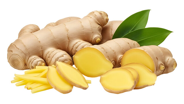 Fresh ginger root slices and whole pieces