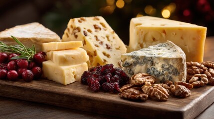 Luxurious holiday cheese board with assorted gourmet cheeses, dried fruits, nuts, and fresh rosemary on rustic wooden surface with warm festive bokeh lighting