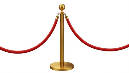Golden stanchion with red velvet rope barrier for crowd control isolated on white background