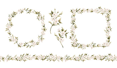 White small flowers with leaves frame wreath seamless border set. Watercolor hand painted cute floral blossom isolated illustration for wedding design home textile crockery cosmetic package card print © Leyla