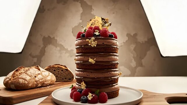 Decadent chocolate layered cake with fresh berries, gold leaf, and rustic artisan bread
