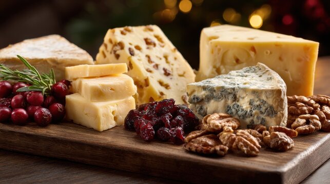 Luxurious holiday cheese board with assorted gourmet cheeses, dried fruits, nuts, and fresh rosemary on rustic wooden surface with warm festive bokeh lighting - Powered by Adobe