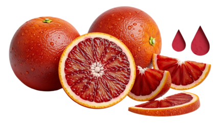 Fresh blood oranges whole sliced and wedges