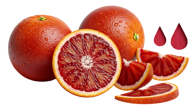 Fresh blood oranges whole sliced and wedges