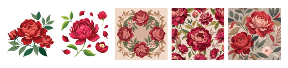 Crimson blue peonies and red rose floral vector set with square decorative frame, seamless pattern and background for luxury packaging, wedding stationery, textile, scarf print, label design © Real Life Essential