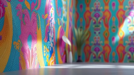 Vibrant colorful wallpaper with floral patterns and blurred plant in background