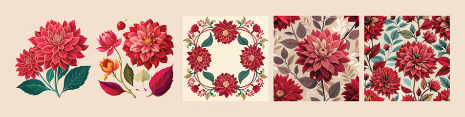 Luxurious Crimson Red Dahlia Flower Vector Set. Detailed Autumn Botanical Collection with Rich Burgundy Seamless Pattern, Elegant Floral Wreath Frame, and Isolated Elements for Print, Packaging design