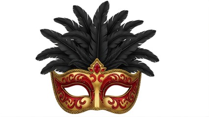 Ornate venetian masquerade mask in red and gold with large black feather plume isolated on white background