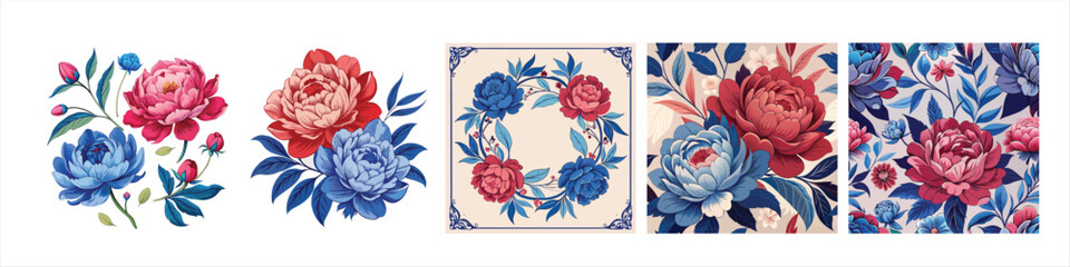 Crimson Blue Peony Floral Vector Illustration Bundle with Solid Icon, Seamless Pattern, Square Decorative Frame, Modern Botanical Background, Bold Graphic Flowers for Fashion Branding, Packaging desig © Real Life Essential