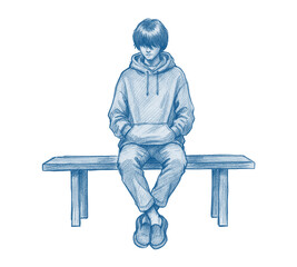 A Solitary Figure Sitting on a Bench Waiting Deep in Thought with a Brush Stroke Effect for an Artistic Touch