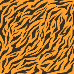 Animal skin print, seamless texture. Tiger fur, orange stripes pattern. Safari repeating background