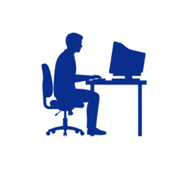 Silhouette of Person Working at Computer Desk with Monitor and Chair in Blue on Transparent Background