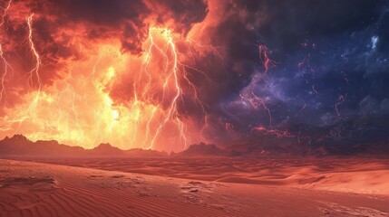 Dramatic desert landscape with fiery sky and lightning strikes.