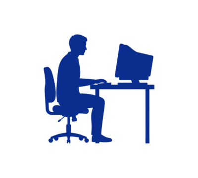 Silhouette of Person Working at Computer Desk with Monitor and Chair in Blue on Transparent Background - Powered by Adobe