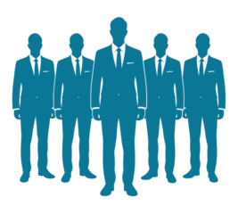 Silhouetted Ensemble of Business Professionals Dressed in Matching Suits Standing Together Against a Stark Black Backdrop Creating an Eerie Yet Powerful Visual