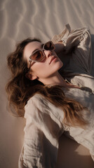 Artistic Desert Fashion Model with Oversized Sunglasses Top View