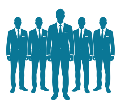 Silhouetted Ensemble of Business Professionals Dressed in Matching Suits Standing Together Against a Stark Black Backdrop Creating an Eerie Yet Powerful Visual