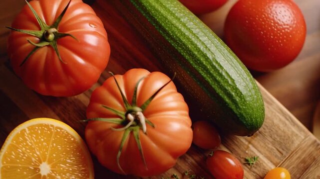 Ripe tomato zucchini orange cherry thyme cutting board preventive health awareness fresh tomato citrus herbs promoting nutritious eating and vibrant