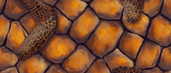 Turtle shell texture with copy space. Close-up turtle pattern. Reptile shell design. Turtle scales. Realistic turtle shell. Turtle design texture. Detailed turtle shell close-up. Wild Animal texture. 