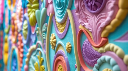 Vibrant colorful wall with intricate 3D floral designs and patterns