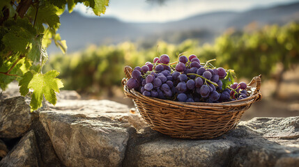 Freshly harvested grapes in a woven basket, resting on a stone wall in a picturesque vineyard landscape.