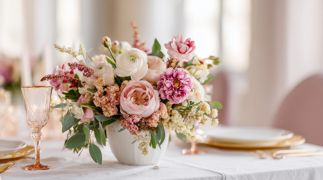 Ai elegant floral arrangement on a dining table at a bright event setting with fine tableware and soft lighting - Powered by Adobe
