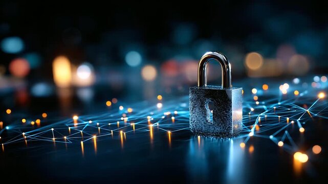 Cyber defense padlock in network center, defocused glowing connections, security system concept, futuristic technology visualization, data protection infrastructure, information sa