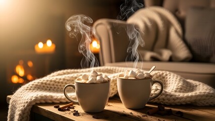 Cozy mugs of steaming hot chocolate with marshmallows on a wooden table, warmed by candlelight.