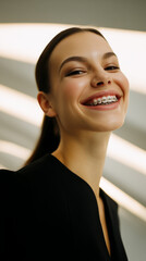 High Fashion Editorial Model Smiling Confidently with Braces