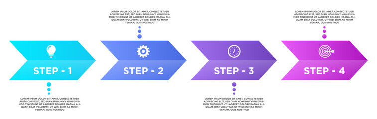 Gradient chevron arrow infographic vector design for business presentation workflow steps or educational process visualization, featuring bulb, gear, clock, and target icons.