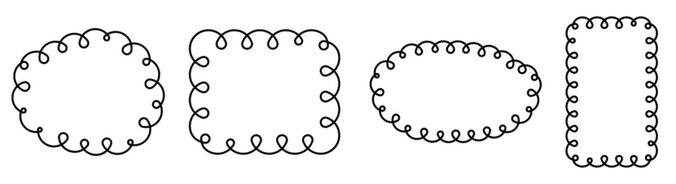 Vector frame set featuring four loopy and curly hand drawn line art frames, perfect for borders, text boxes, photo decoration, scrapbooking, or social media post design.