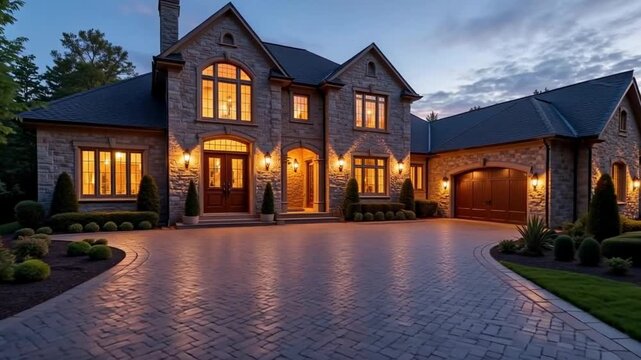 Elegant stone mansion with illuminated windows and a winding brick driveway at twilight, showcasing luxury real estate and architectural design