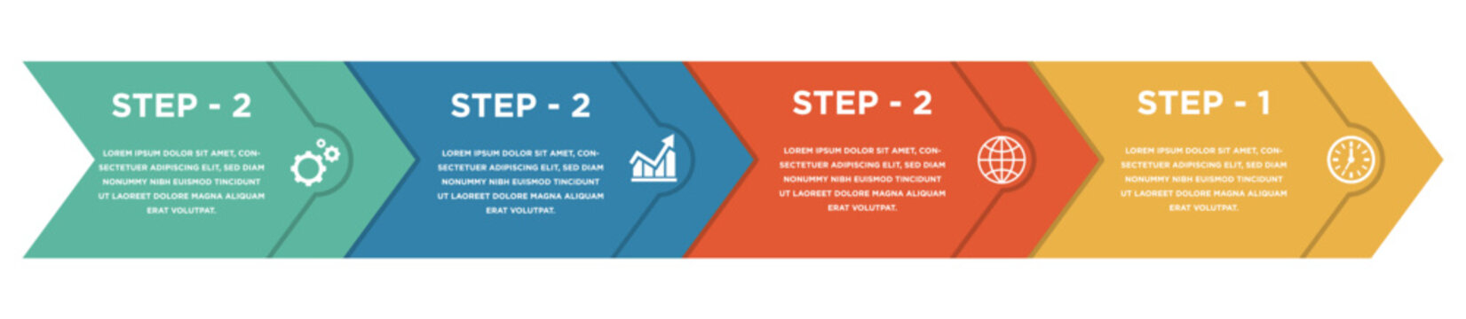 Horizontal process infographic vector design using large overlapping colored chevron arrows with gear chart, globe, and clock icons for business presentation or timeline visualization.