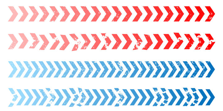 Horizontal distressed grunge chevron arrow borders vector designs featuring gradient color transitions, perfect for web dividers, warning banners, or sporty graphic design assets.