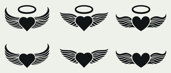 Obraz premium Heart vector illustrations with angel wings and spiritual halos symbolizing love, emotion, and heavenly protection, ideal for tattoo artwork, apparel prints, and romantic spiritual concepts.