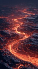 Lava flowing through rocky terrain at night