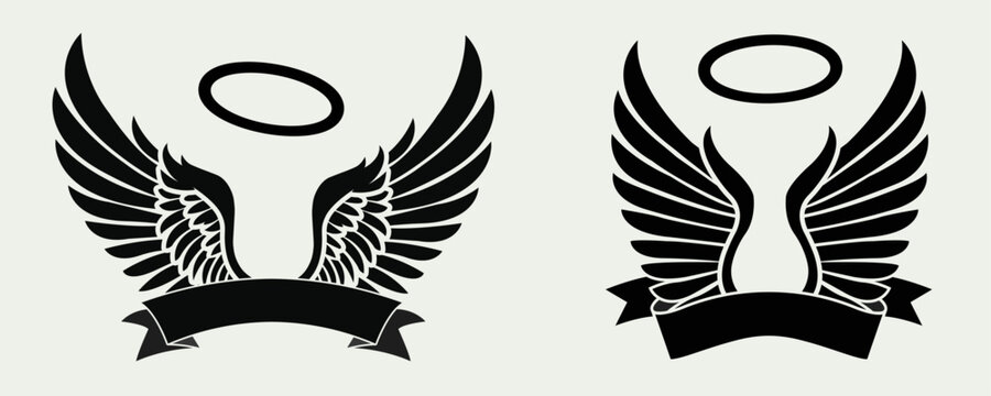 Angel wings vector illustrations with spiritual halo and ribbon banner designed for custom text, symbolizing memorial themes, and adaptable for tattoo artwork or logo design projects.