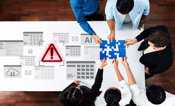 A diverse group of professionals collaborates on a project, contemplating puzzle pieces while facing a warning sign, illustrating teamwork and problem-solving in a modern office setting. Gantry