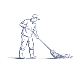 Expressive Sketch of a Janitor Cleaning with a Mop Artistic Line Work on Transparent Background