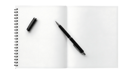 Open notebook with pen and cap overhead view