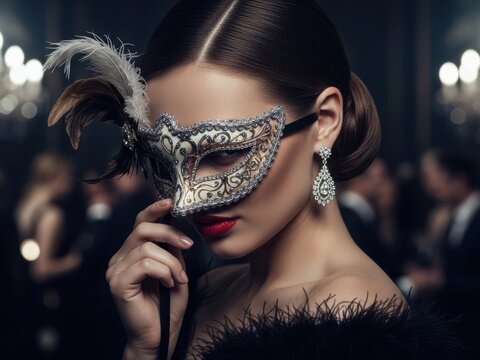 Elegant woman in a masquerade mask at a formal gala event