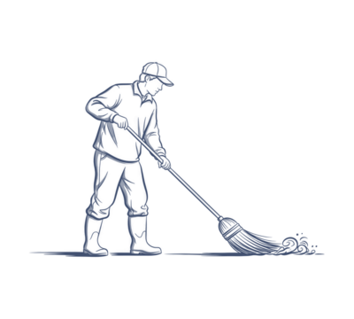 Expressive Sketch of a Janitor Cleaning with a Mop Artistic Line Work on Transparent Background