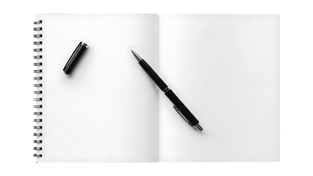 Open notebook with pen and cap overhead view