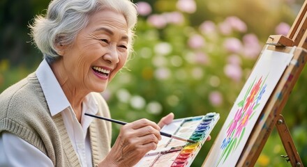 Joyful Asian senior woman painting watercolor artwork outdoors with easel and palette in blooming garden setting