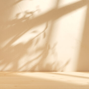 Wooden table mockup on stucco background with window shadow on the wall. Mock up for branding products, presentation and health care.