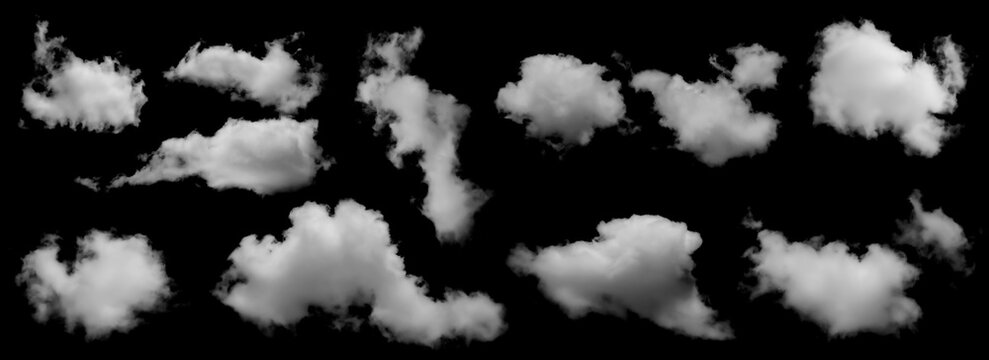A collection of isolated cloud shapes on a black background, featuring soft white fluffy textures ideal for photo compositing, sky replacement, visual effects, digital artwork and creative graphic.