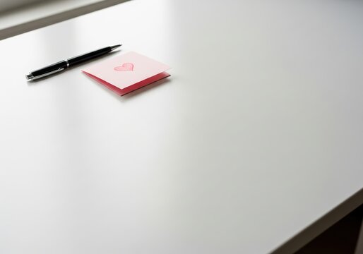 Heartfelt message on a pink sticky note with a pen on a clean, bright white desk
